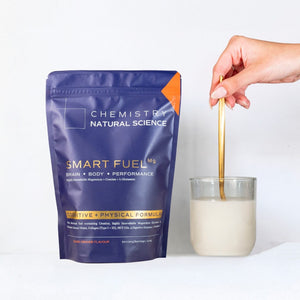 Chemistry Natural Science Smart Fuel package with a glass of milk and a hand stirring it.